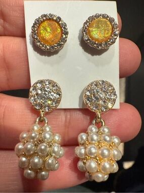 2 pairs Pearl Cluster Drop Earrings & Amber tone Crystal Stud Set